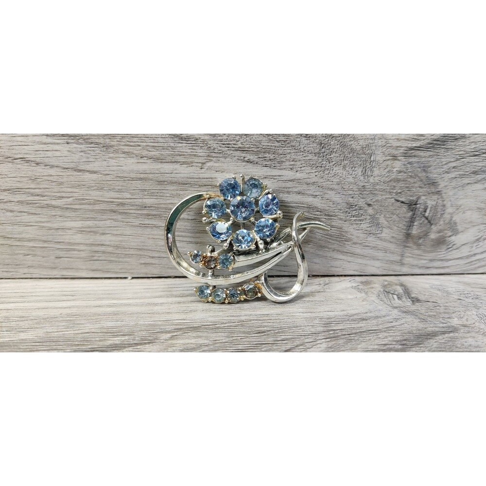 Vintage, 2” Silver Toned, Ice Blue Floral Brooch. Mark Not Legible